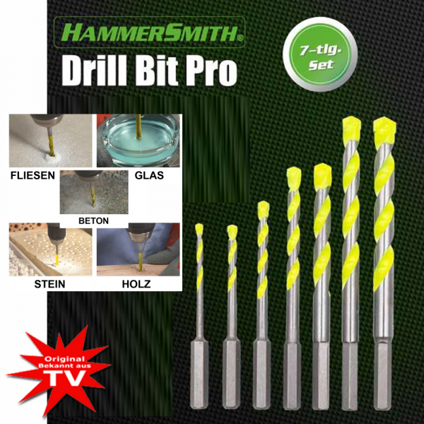 Hammersmith Drill Bit Pro 7tlg. Bohraufsatz-Set - der universelle Bohrer für alle Materialien
